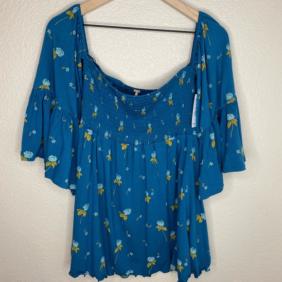 Free People NWT Lana Floral Off Shoulder Top in Blue | Size Small - Picture 5 of 8